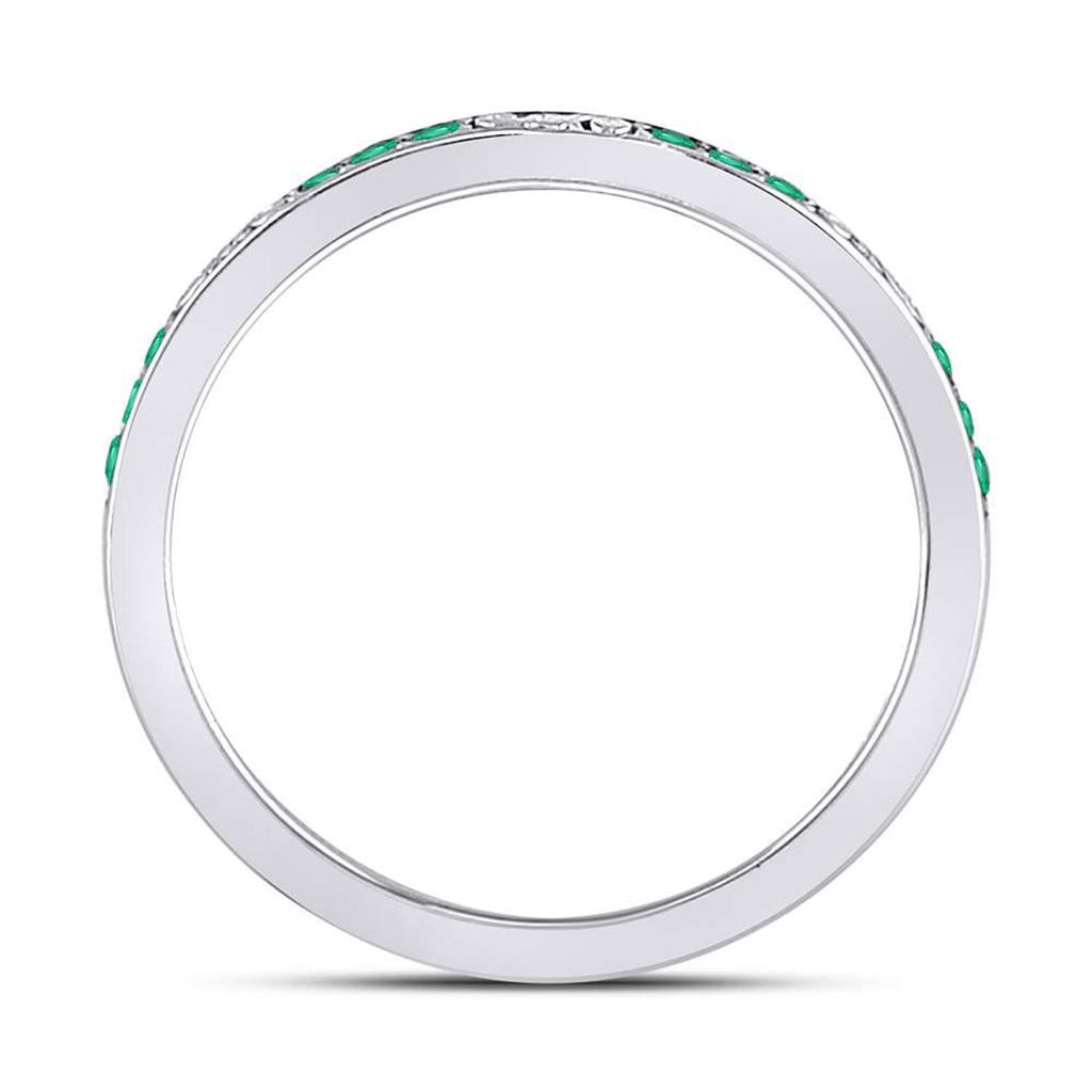 14kt White Gold Round Emerald Single Row Flourished Stackable Band Ring 1/8 Cttw
