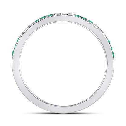 14kt White Gold Round Emerald Single Row Flourished Stackable Band Ring 1/8 Cttw