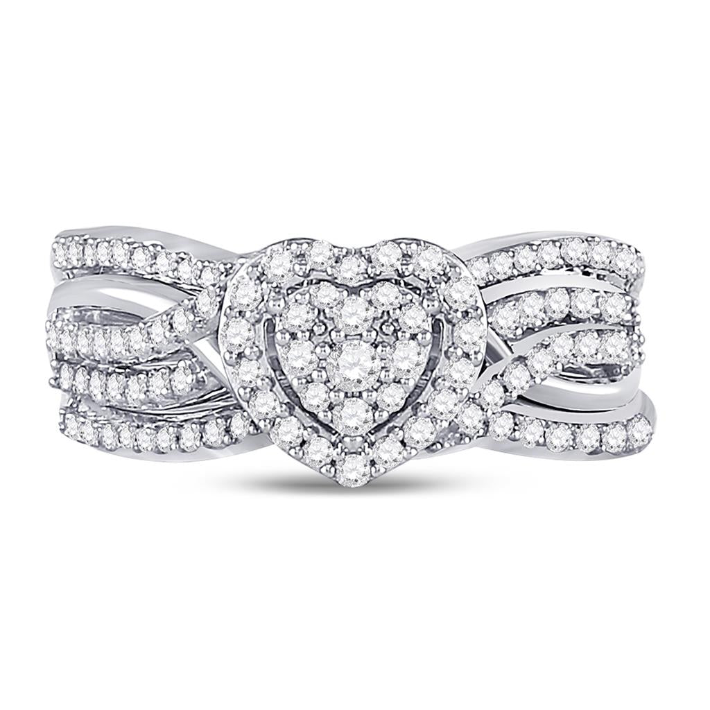 14k White Gold Round Diamond Heart Bridal Wedding Ring Set 1/2 Cttw
