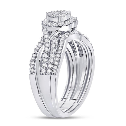 14k White Gold Round Diamond Heart Bridal Wedding Ring Set 1/2 Cttw