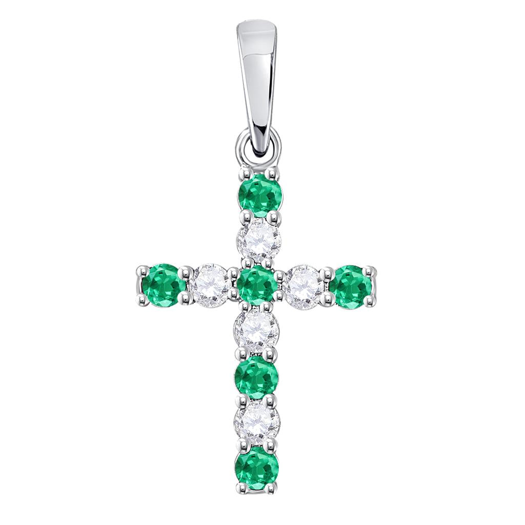 14k White Gold Round Created Emerald Cross Pendant 1/3 Cttw
