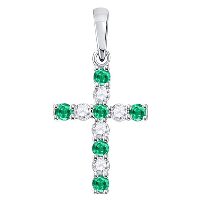 14k White Gold Round Created Emerald Cross Pendant 1/3 Cttw