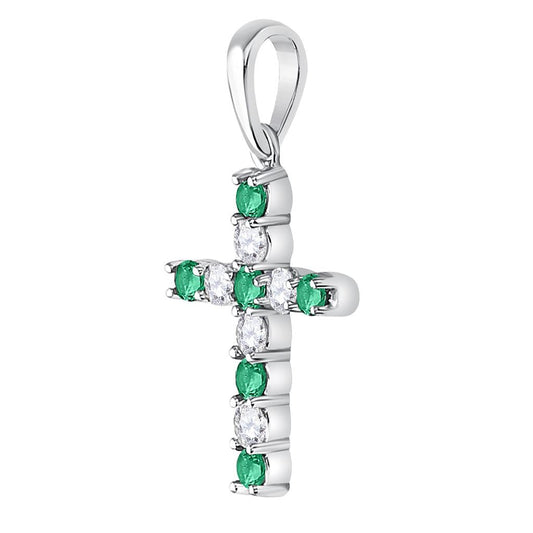 14k White Gold Round Created Emerald Cross Pendant 1/3 Cttw