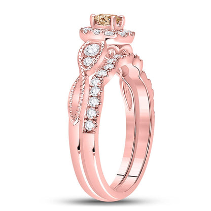 14k Rose Gold Round Brown Diamond Bridal Wedding Ring Set 3/4 Cttw