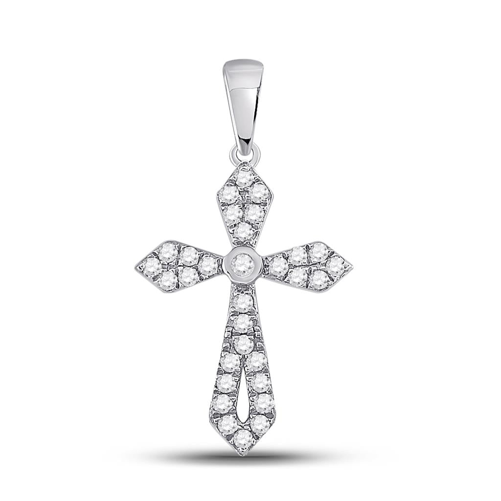 14k White Gold Round Diamond Gothic Cross Pendant 1/3 Cttw