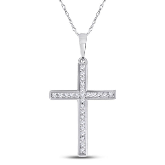 14k White Gold Round Diamond Cross Pendant 1/8 Cttw