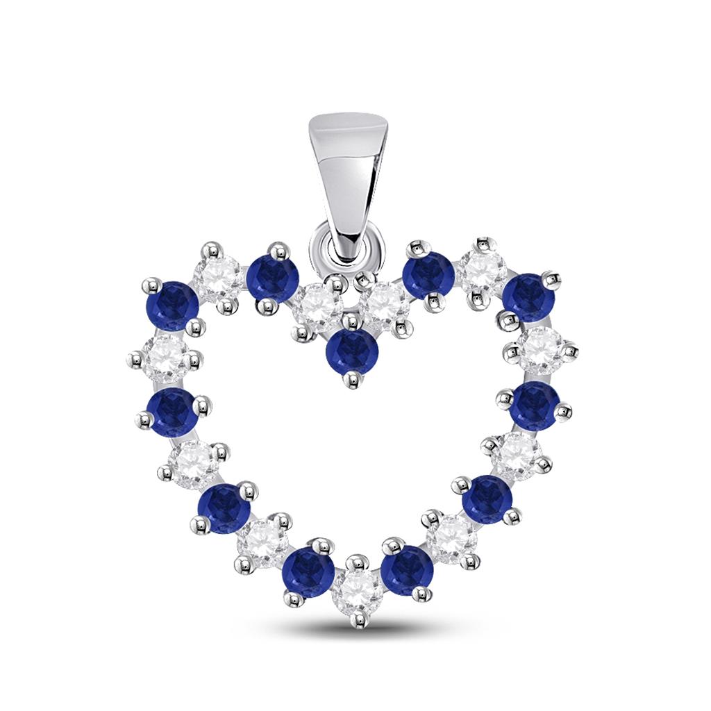 14k White Gold Round Blue Sapphire Diamond Heart Pendant 1/2 Cttw
