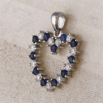 14k White Gold Round Blue Sapphire Diamond Heart Pendant 1/2 Cttw