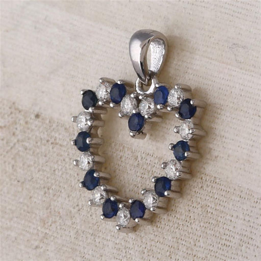 14k White Gold Round Blue Sapphire Diamond Heart Pendant 1/2 Cttw