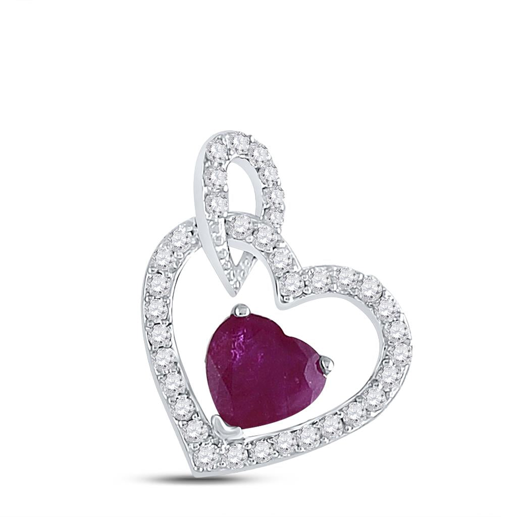 14k White Gold Heart Ruby Diamond Fashion Pendant 3/4 Cttw