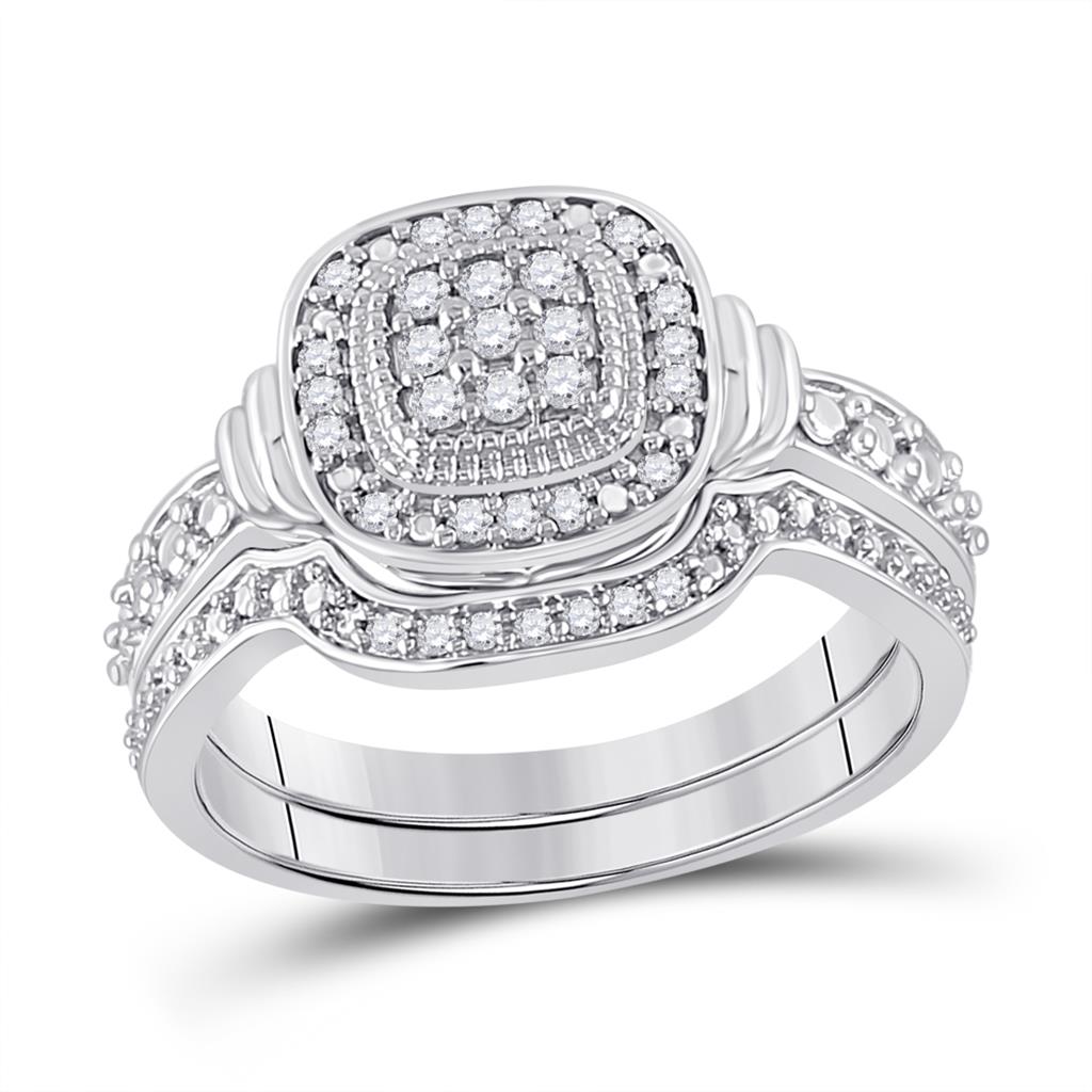 14k White Gold Round Diamond Square Bridal Wedding Ring Set 1/5 Cttw