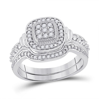 14k White Gold Round Diamond Square Bridal Wedding Ring Set 1/5 Cttw