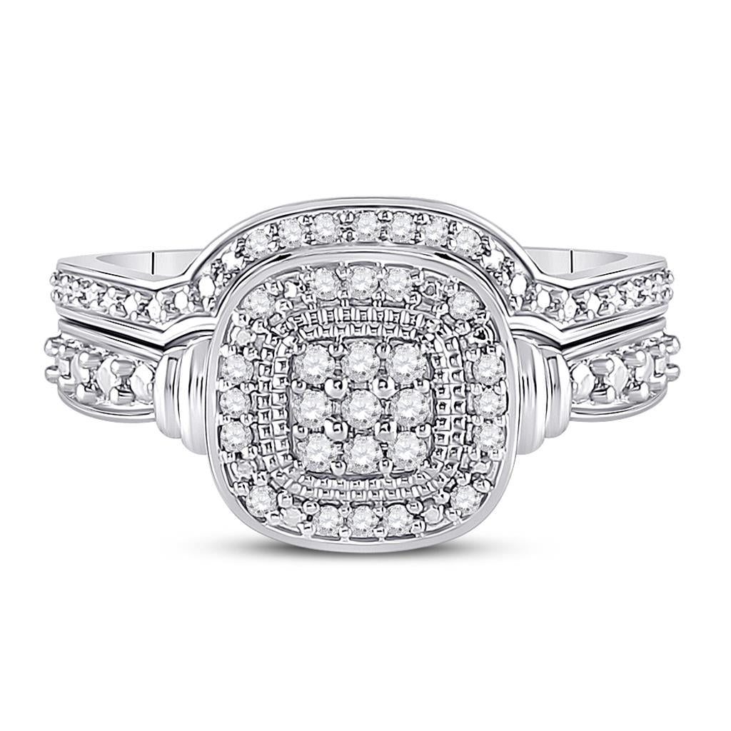 14k White Gold Round Diamond Square Bridal Wedding Ring Set 1/5 Cttw