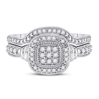 14k White Gold Round Diamond Square Bridal Wedding Ring Set 1/5 Cttw