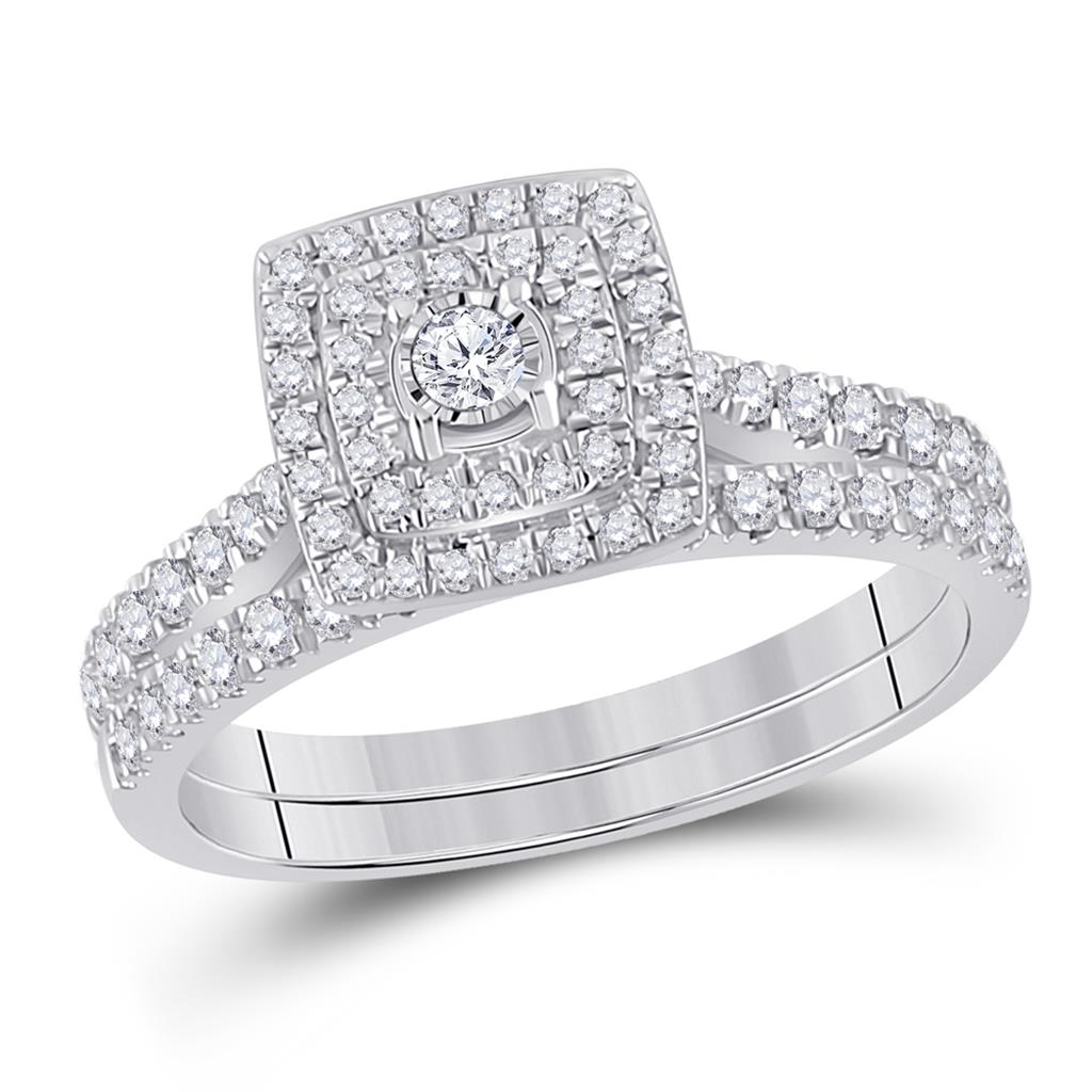 14k White Gold Round Diamond Halo Bridal Wedding Ring Set 1/2 Cttw