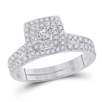 14k White Gold Round Diamond Halo Bridal Wedding Ring Set 1/2 Cttw