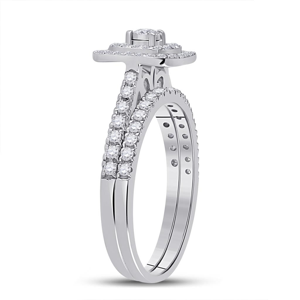 14k White Gold Round Diamond Halo Bridal Wedding Ring Set 1/2 Cttw