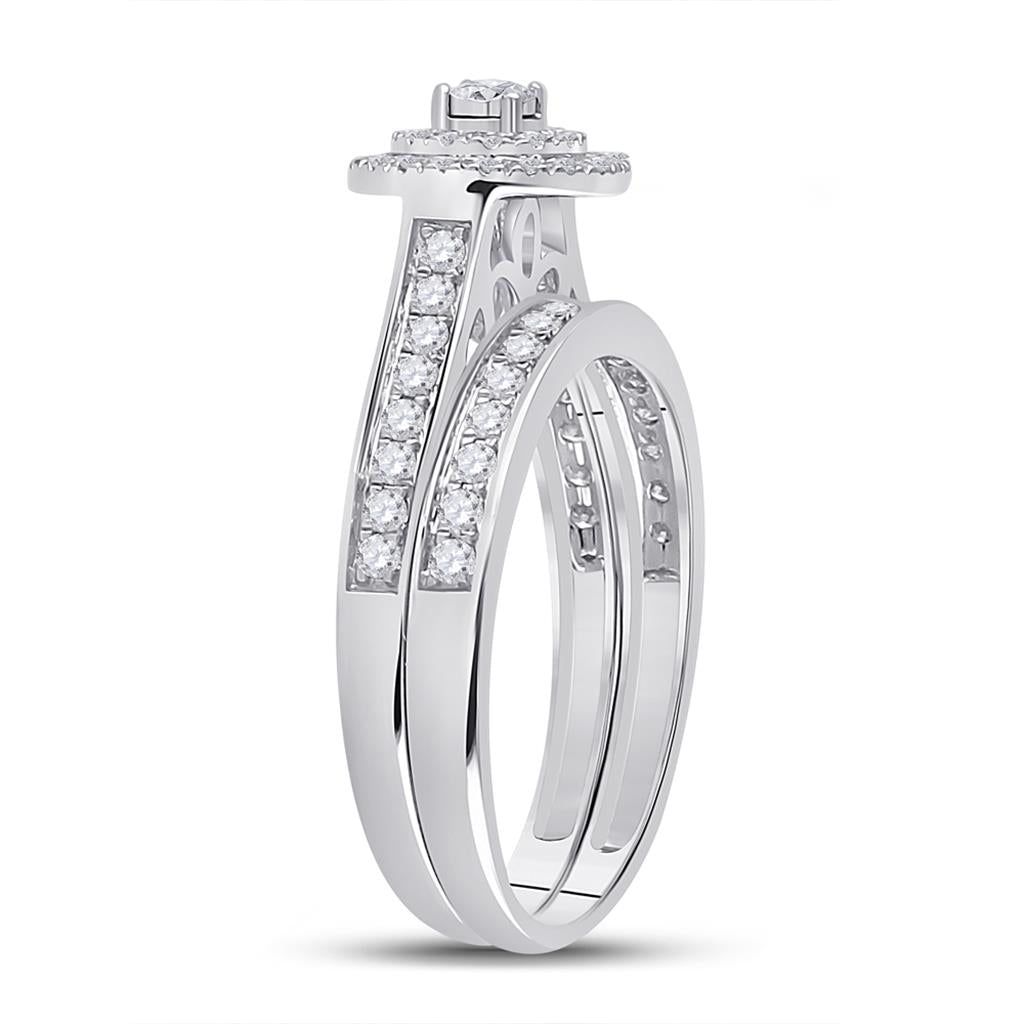 14k White Gold Round Diamond Halo Bridal Wedding Ring Set 1/2 Cttw