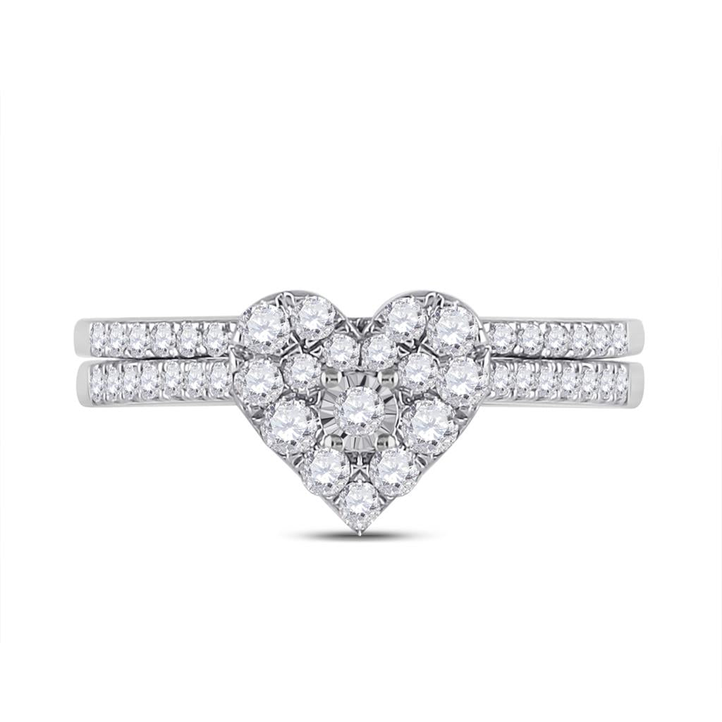 14k White Gold Round Diamond Heart Bridal Wedding Ring Set 1/2 Cttw