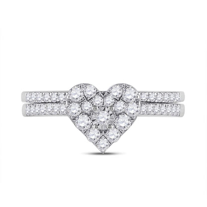 14k White Gold Round Diamond Heart Bridal Wedding Ring Set 1/2 Cttw