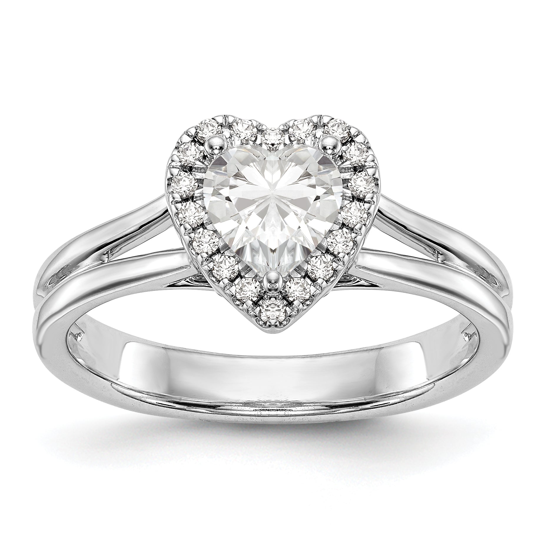 14kw Heart Halo Simulated Diamond Split Shank Engagement Ring