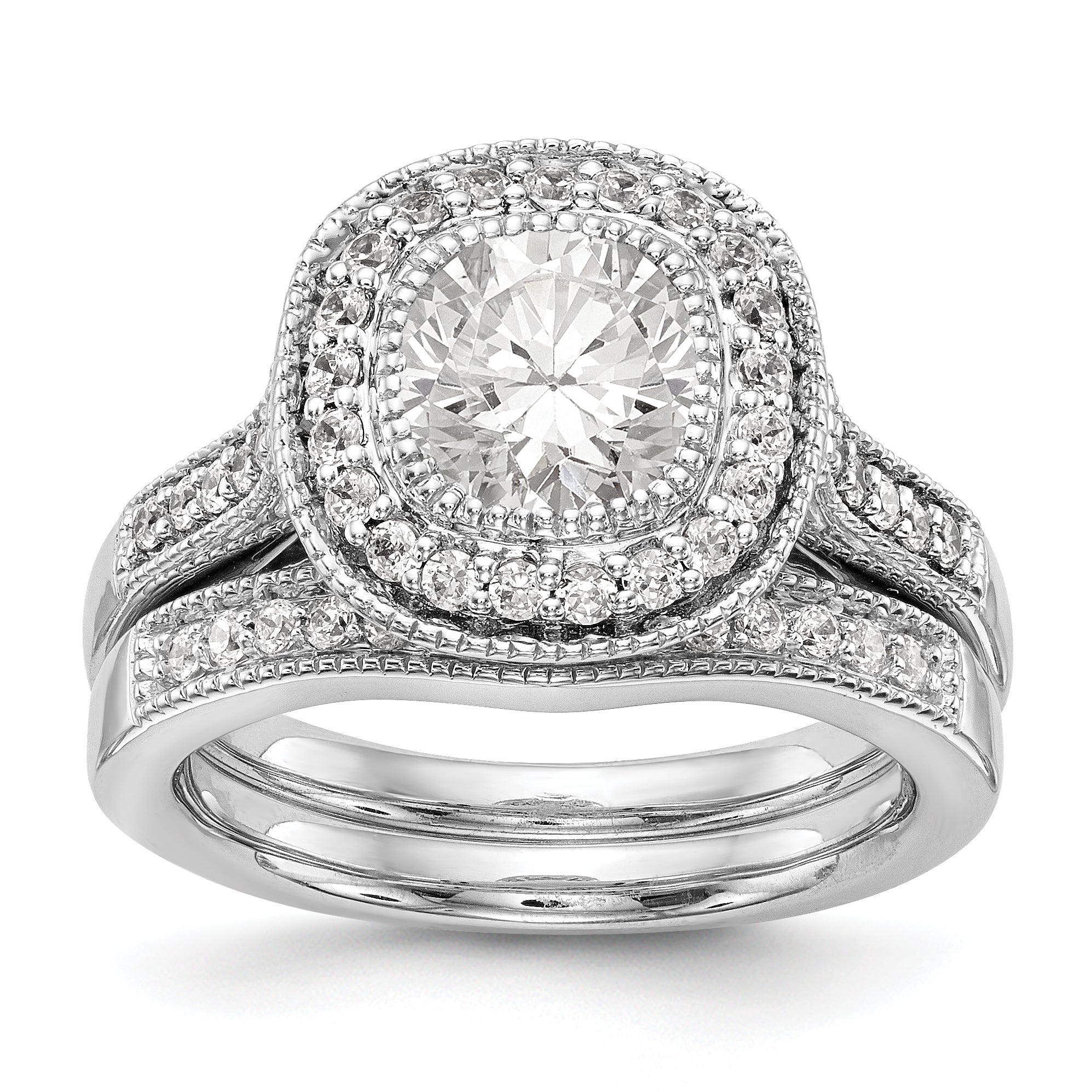 14K White Gold Round Simulated Diamond Cushion Halo Engagement Ring