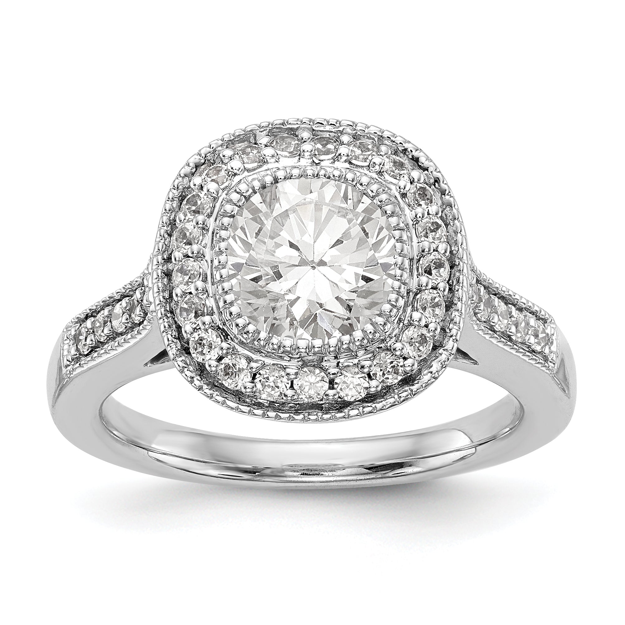 14K White Gold Round Simulated Diamond Cushion Halo Engagement Ring