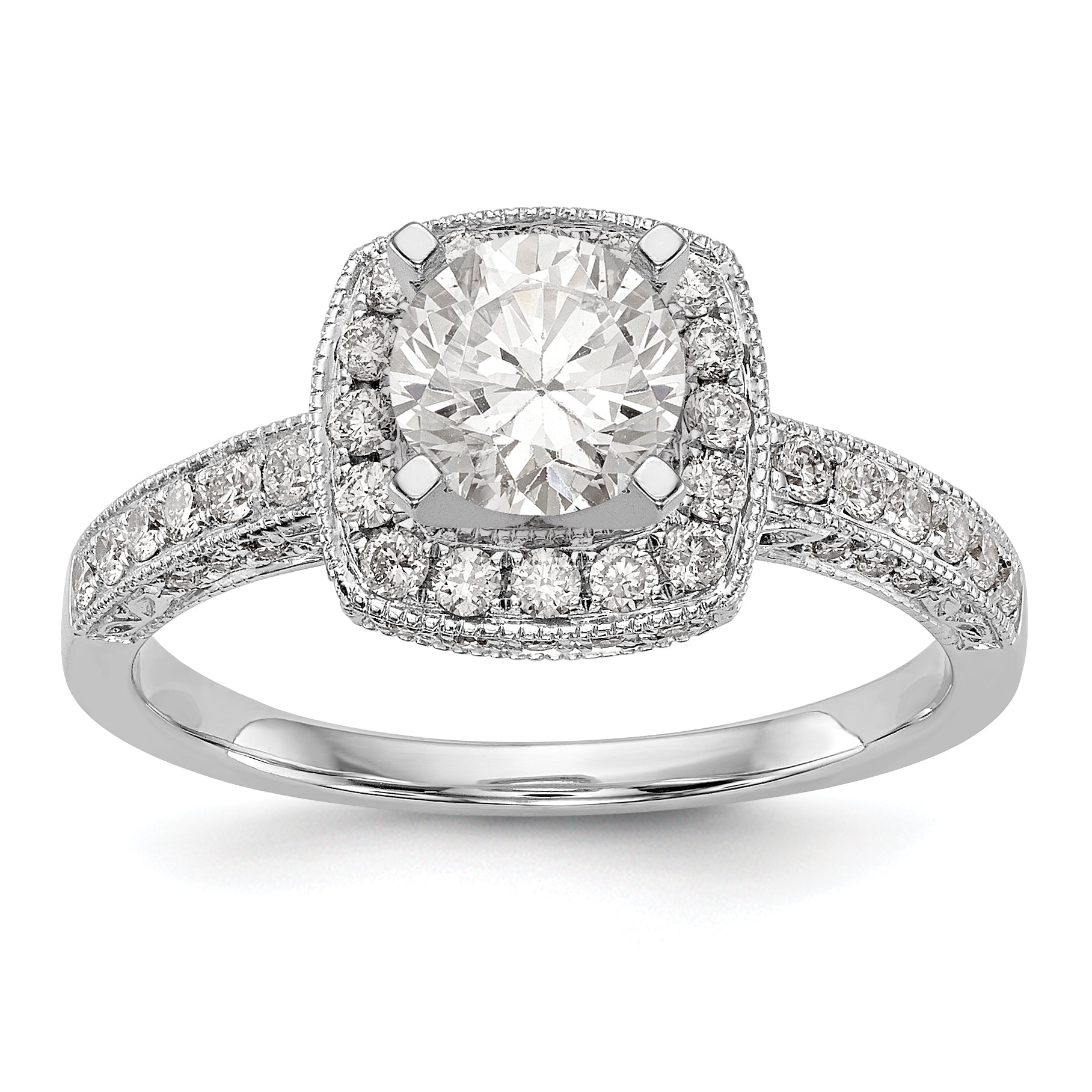 14K White Gold Peg Set Simulated Diamond Cushion Halo Engagement Ring