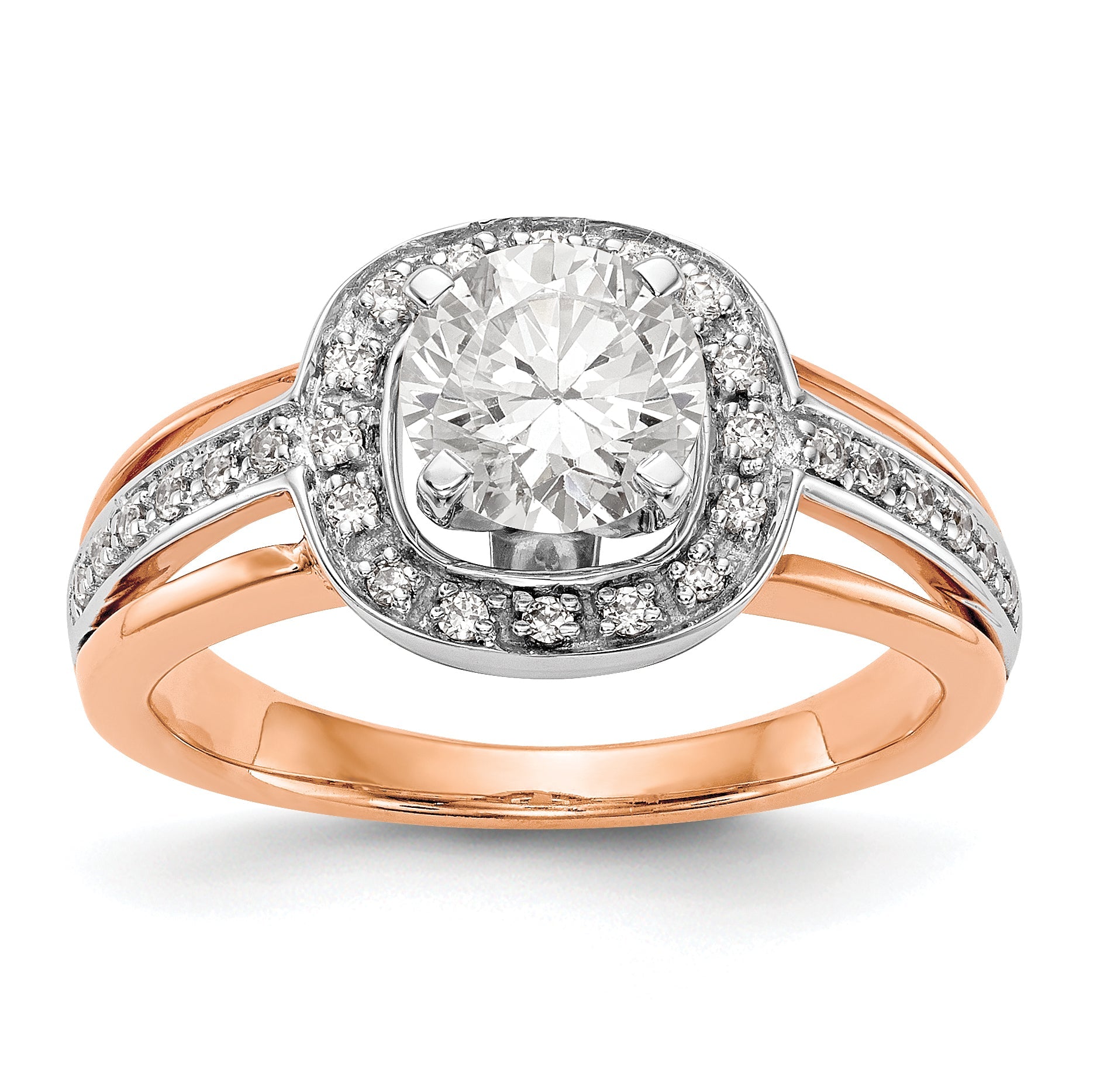 14k R and W Peg Set CZ Cushion Halo Engagement Ring