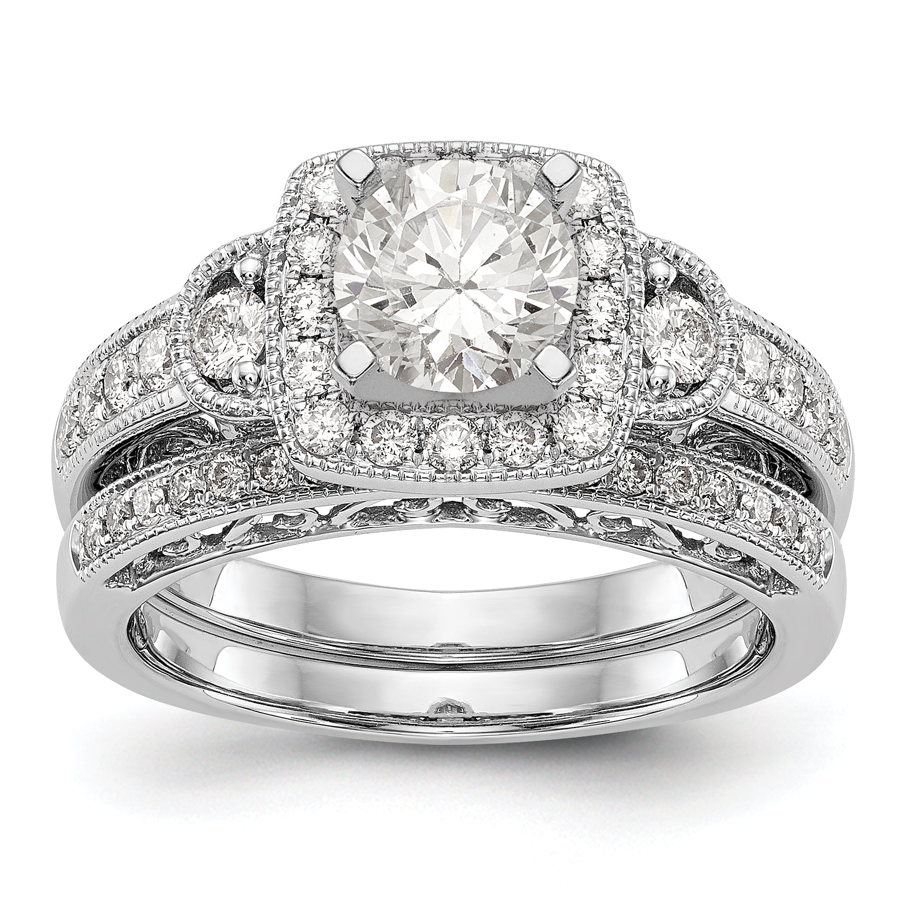 14K White Gold Peg Set Simulated Diamond Cushion HaloEngagement Ring