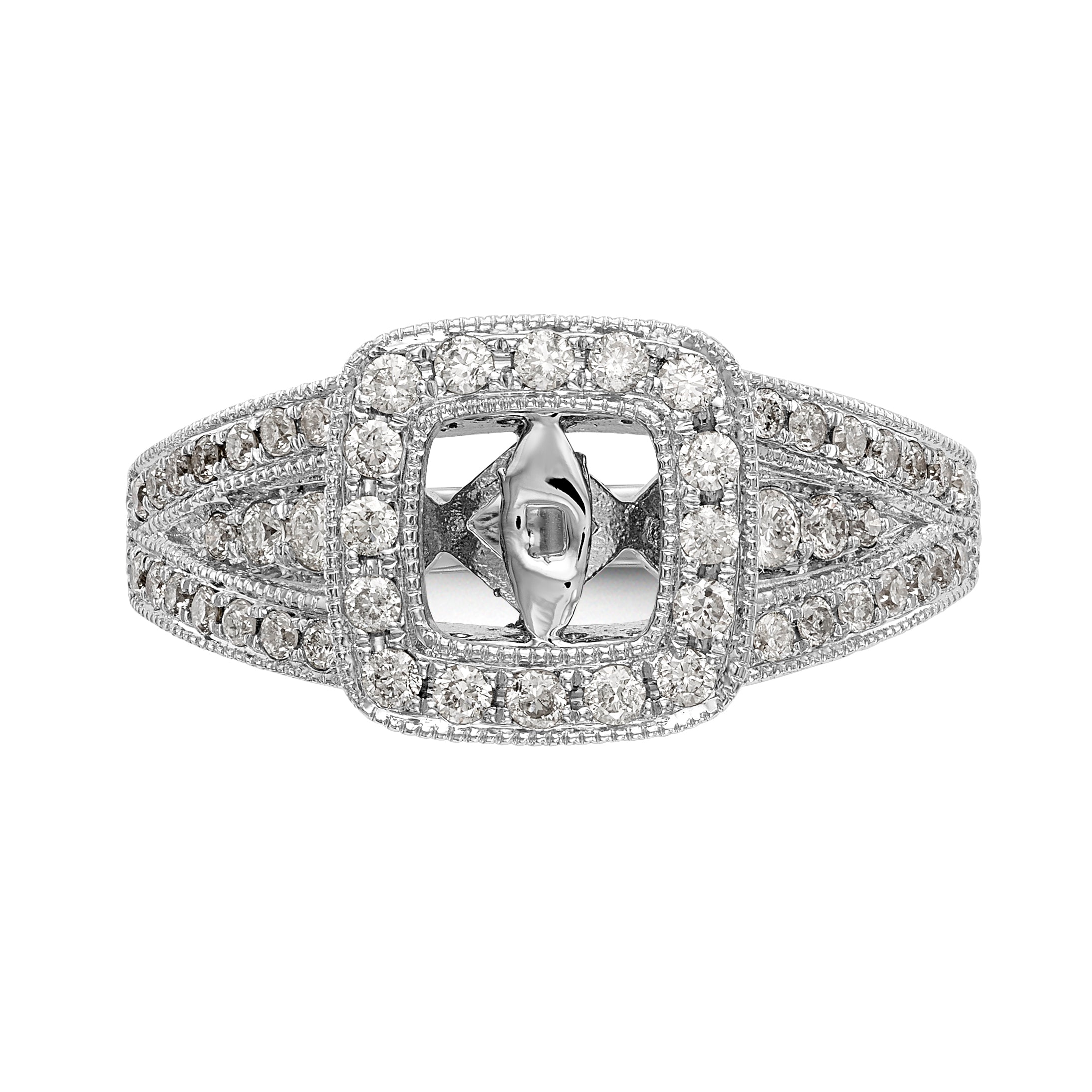 14K White Gold Peg Set Simulated Diamond Cushion HaloEngagement Ring