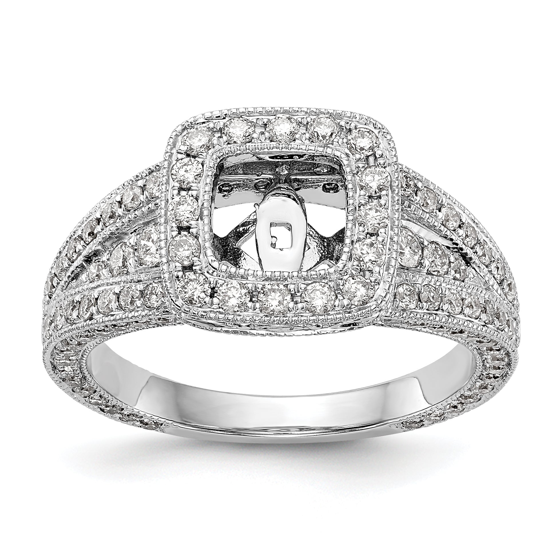 14K White Gold Peg Set Simulated Diamond Cushion HaloEngagement Ring