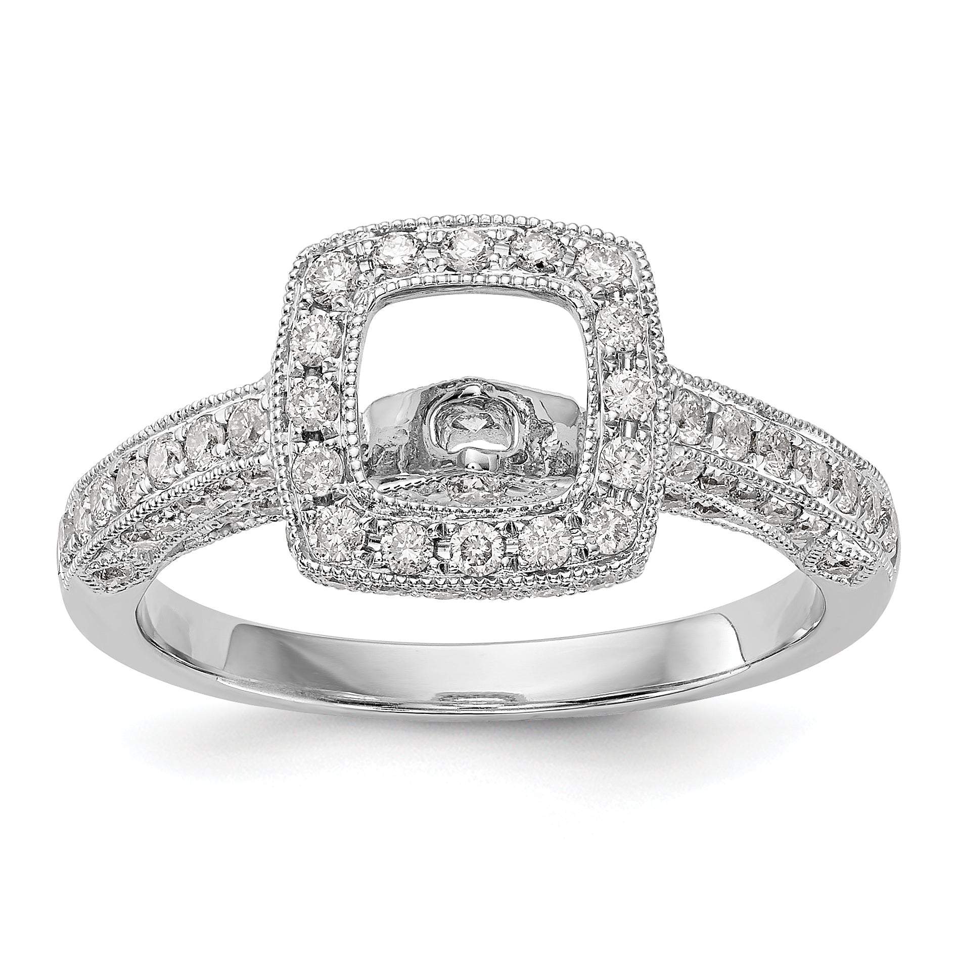 14K White Gold Peg Set Simulated Diamond Cushion HaloEngagement Ring