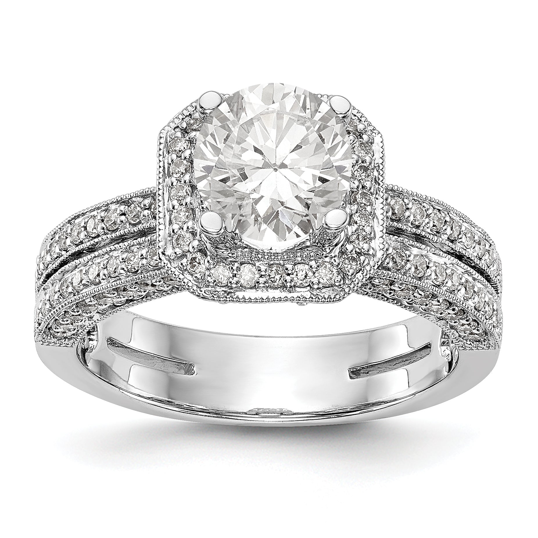 14kw Round Simulated Diamond Cushion Halo Engagement Ring