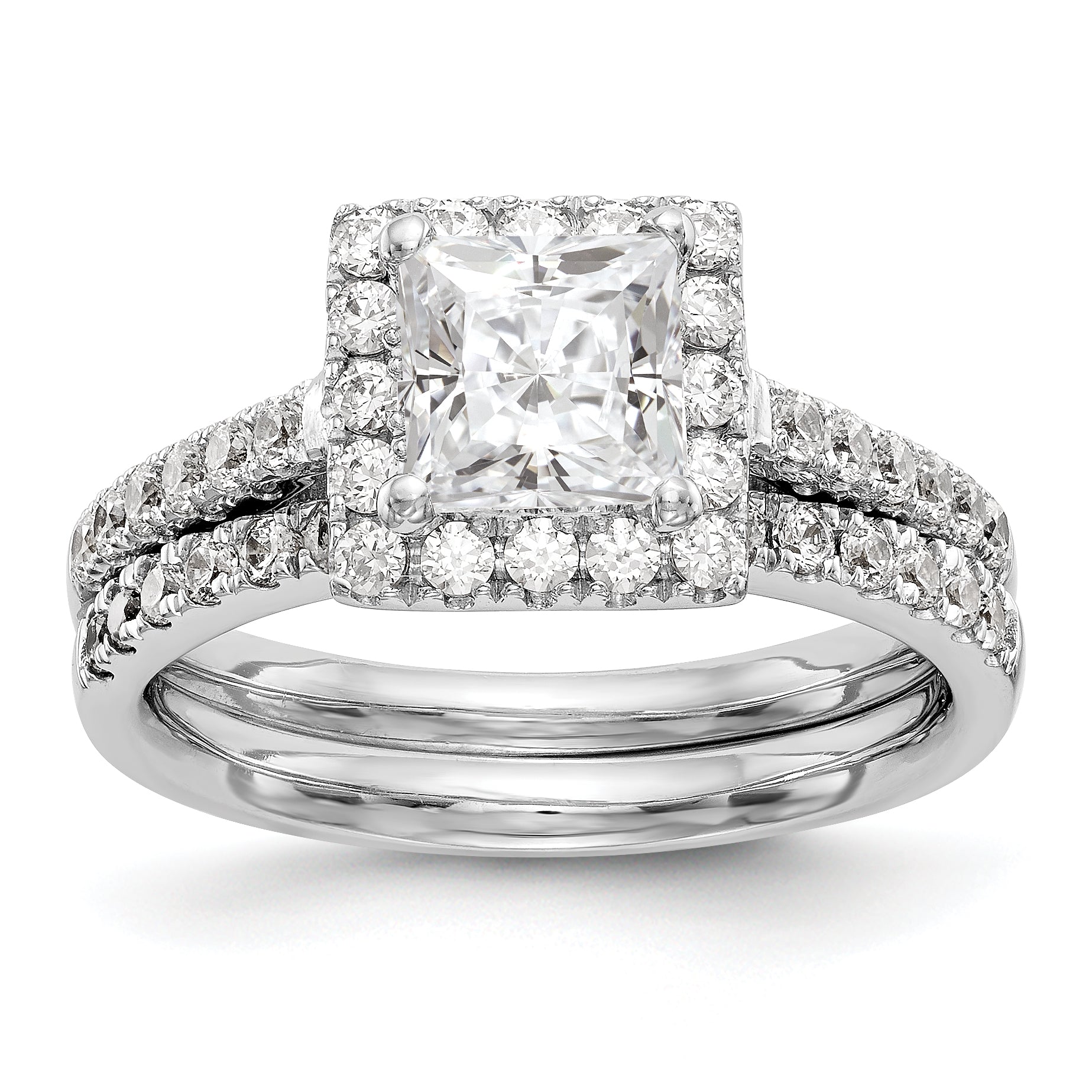 14K White Gold Diamond Princess CZ Square Halo Engagement Ring