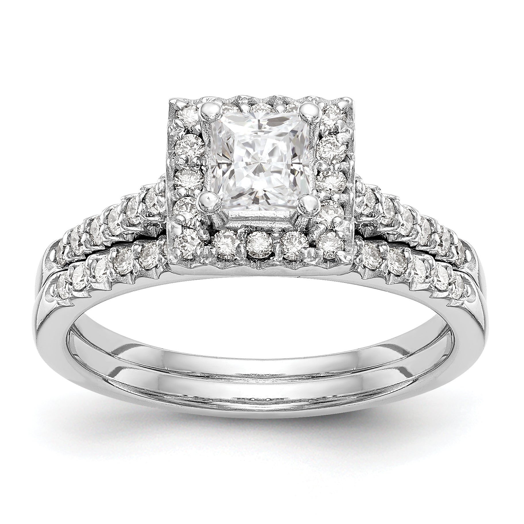 14K White Gold Diamond Princess CZ Square Halo Engagement Ring