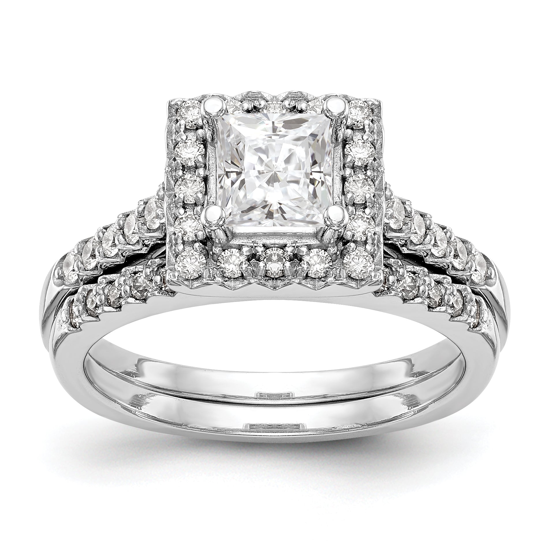 14K White Gold Diamond Princess CZ Square Halo Engagement Ring
