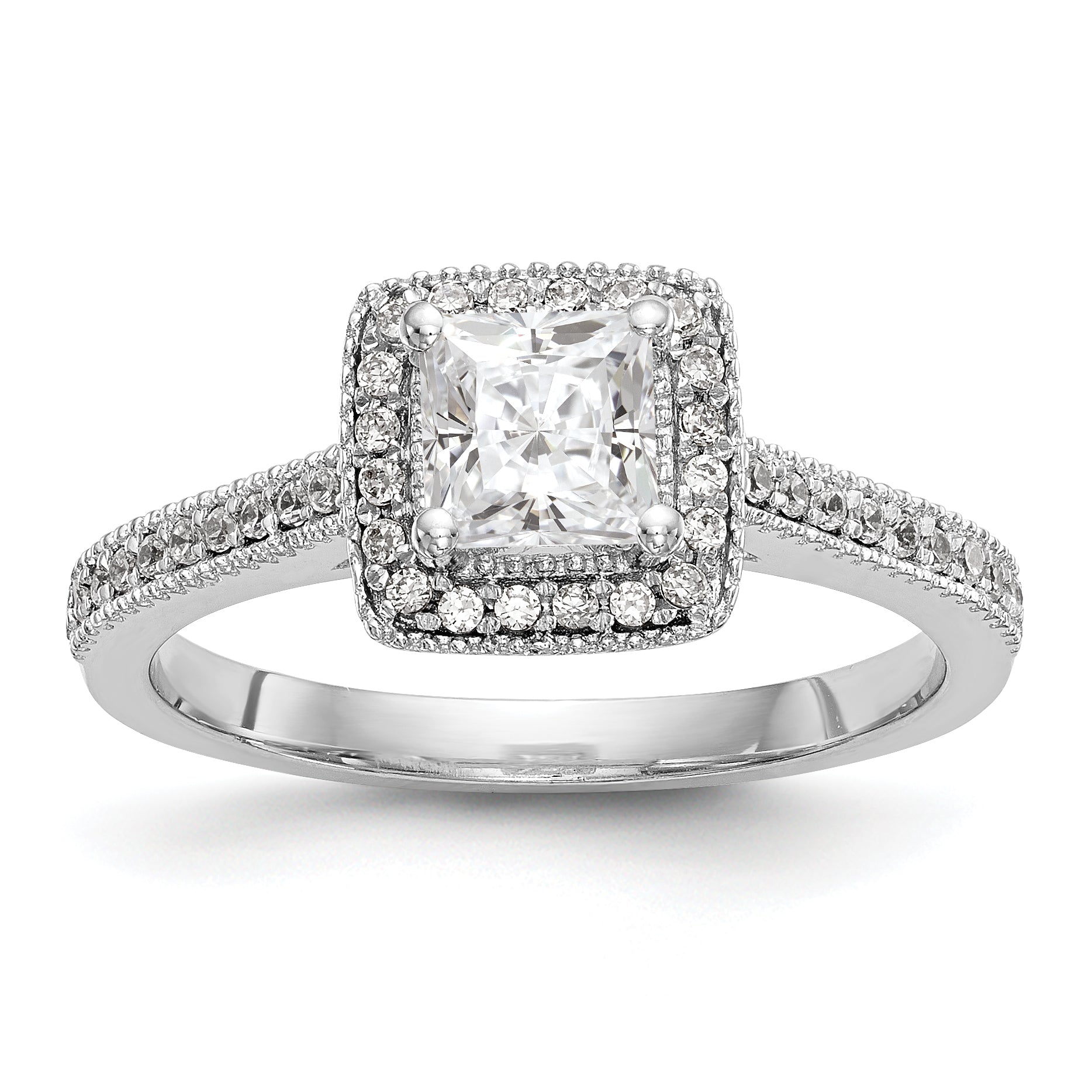 14K White Gold Diamond Princess CZ Square Halo Engagement Ring
