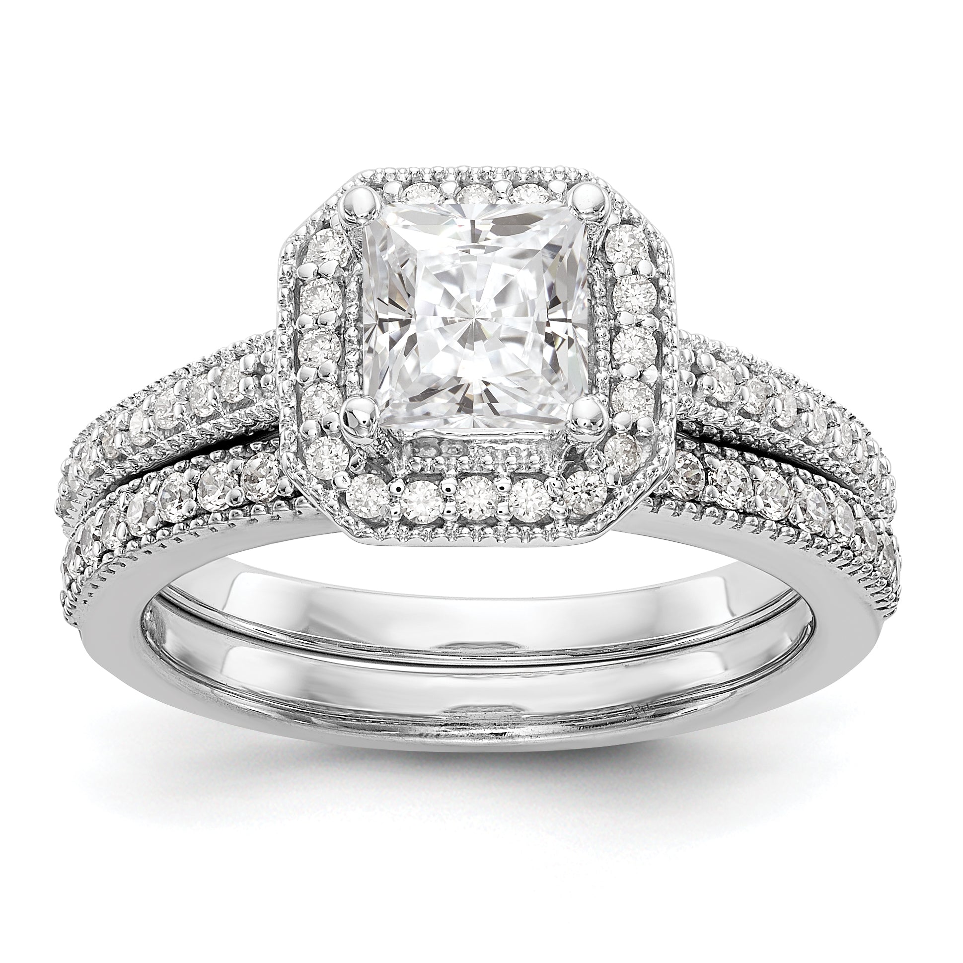 14K White Gold Diamond Princess CZ Square Halo Engagement Ring