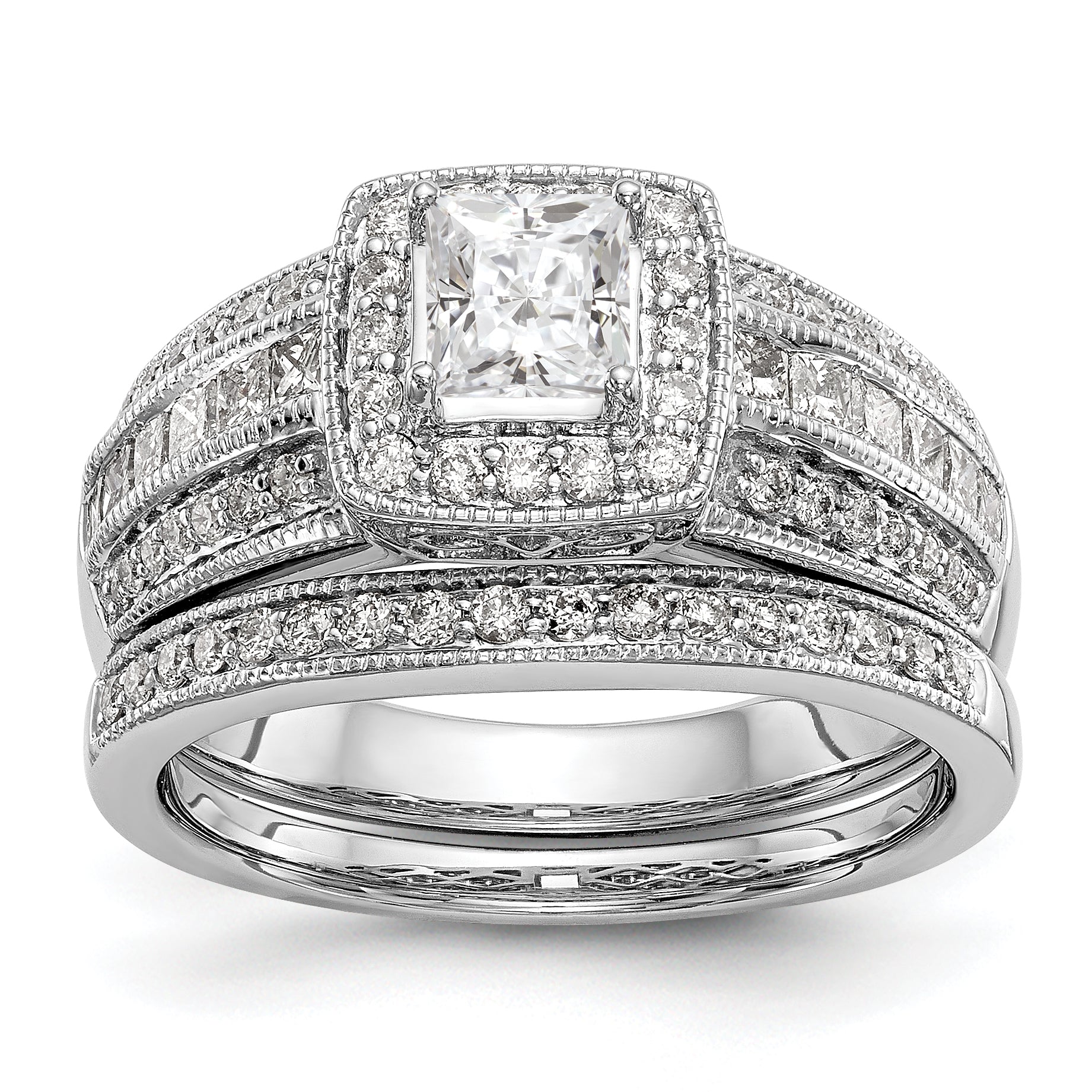 14K White Gold Diamond Princess CZ Square Halo Engagement Ring