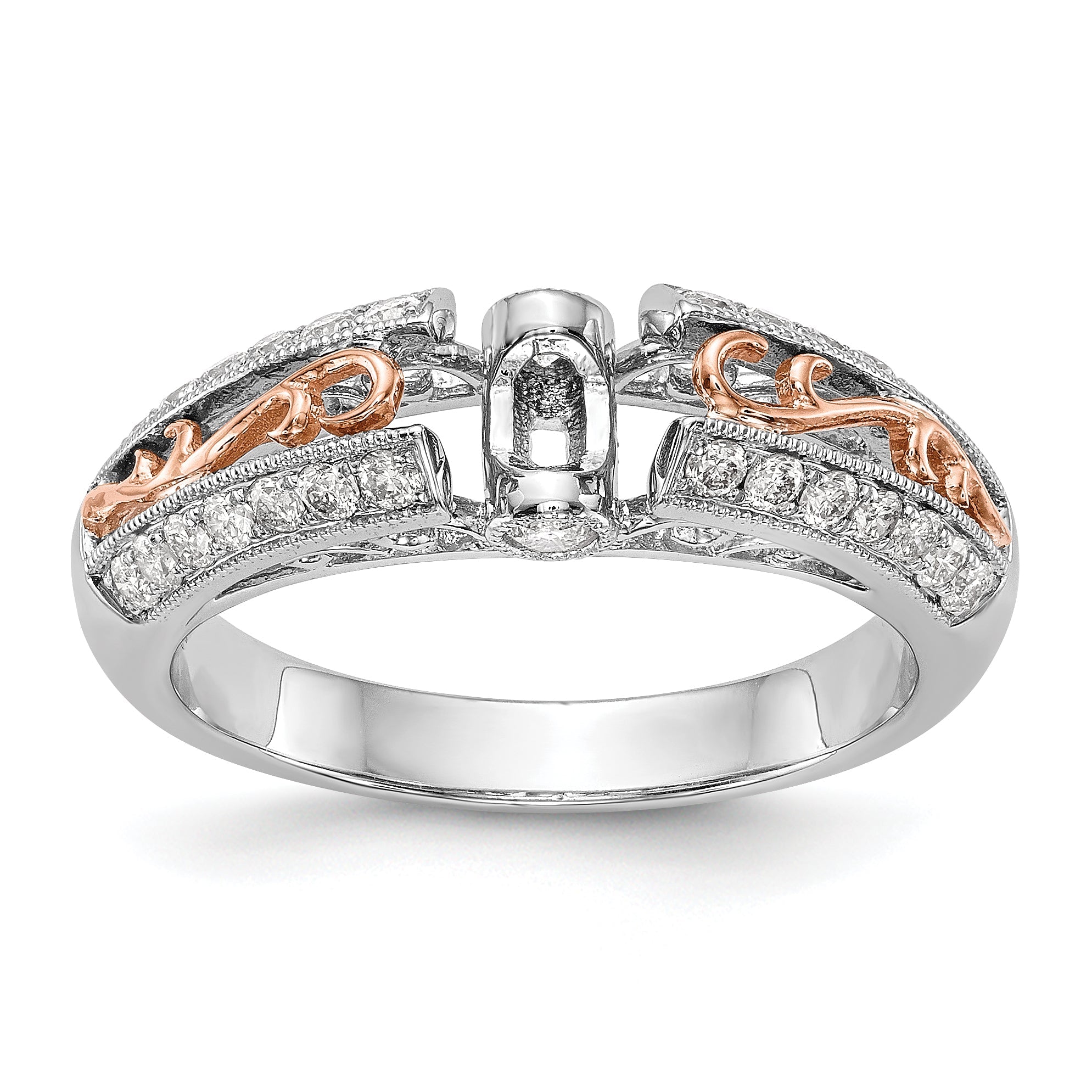14K White Gold and Rose Gold Diamond Peg Set CZ Engagement Ring