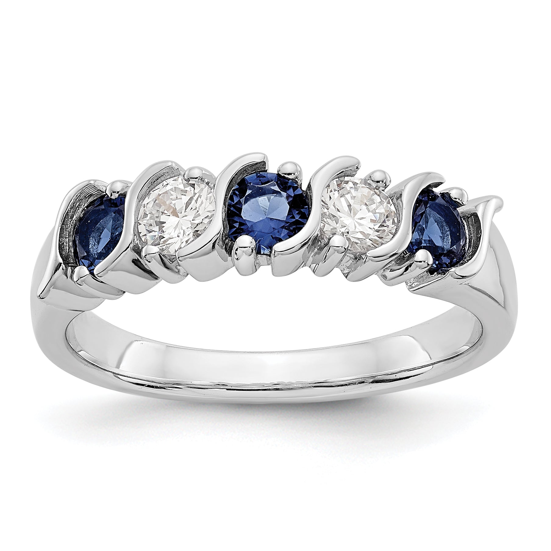 14k White Gold 3.25mm Sapphire AA Diamond 5 Stone Ring