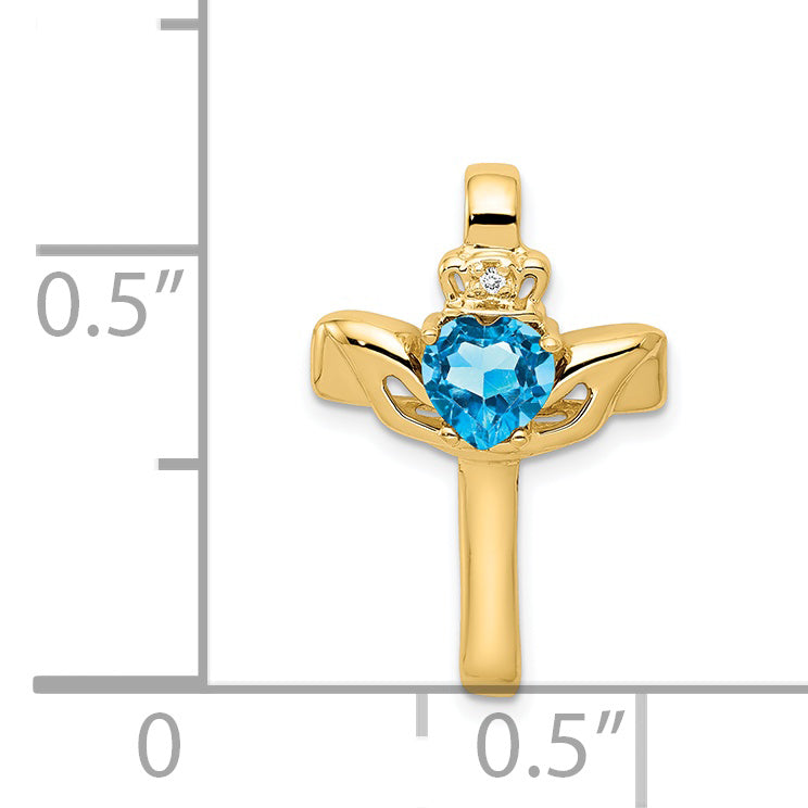 14k 6mm Claddagh Blue Topaz AA Diamond Cross Pendant
