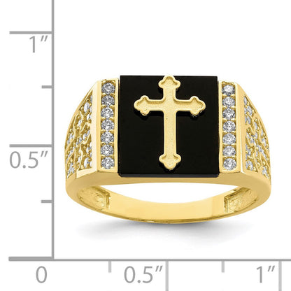 10K Yellow Gold CZ and Onyx Cross Men'S Ring