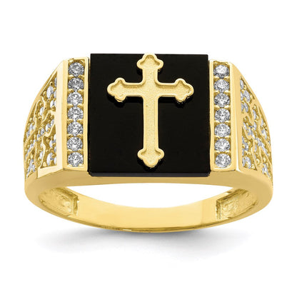 10K Yellow Gold CZ and Onyx Cross Men'S Ring