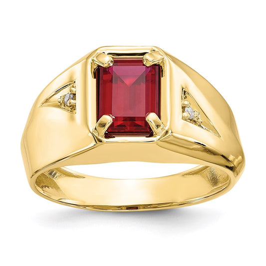 10K Yellow Gold Created Ruby u0026 .02ct Real Diamond Men's Ring