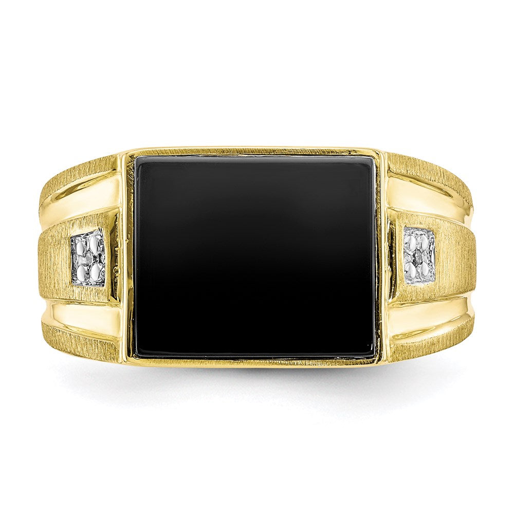 10K Yellow Gold Men's Real Diamond and Black Onyx Signet Ring