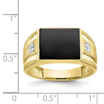 10K Yellow Gold Men's Real Diamond and Black Onyx Signet Ring