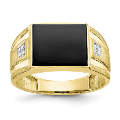 10K Yellow Gold Men's Real Diamond and Black Onyx Signet Ring