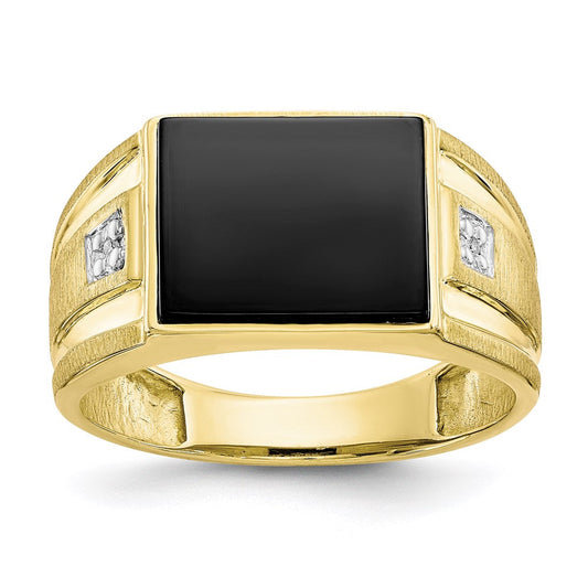 10K Yellow Gold Men's Real Diamond and Black Onyx Signet Ring